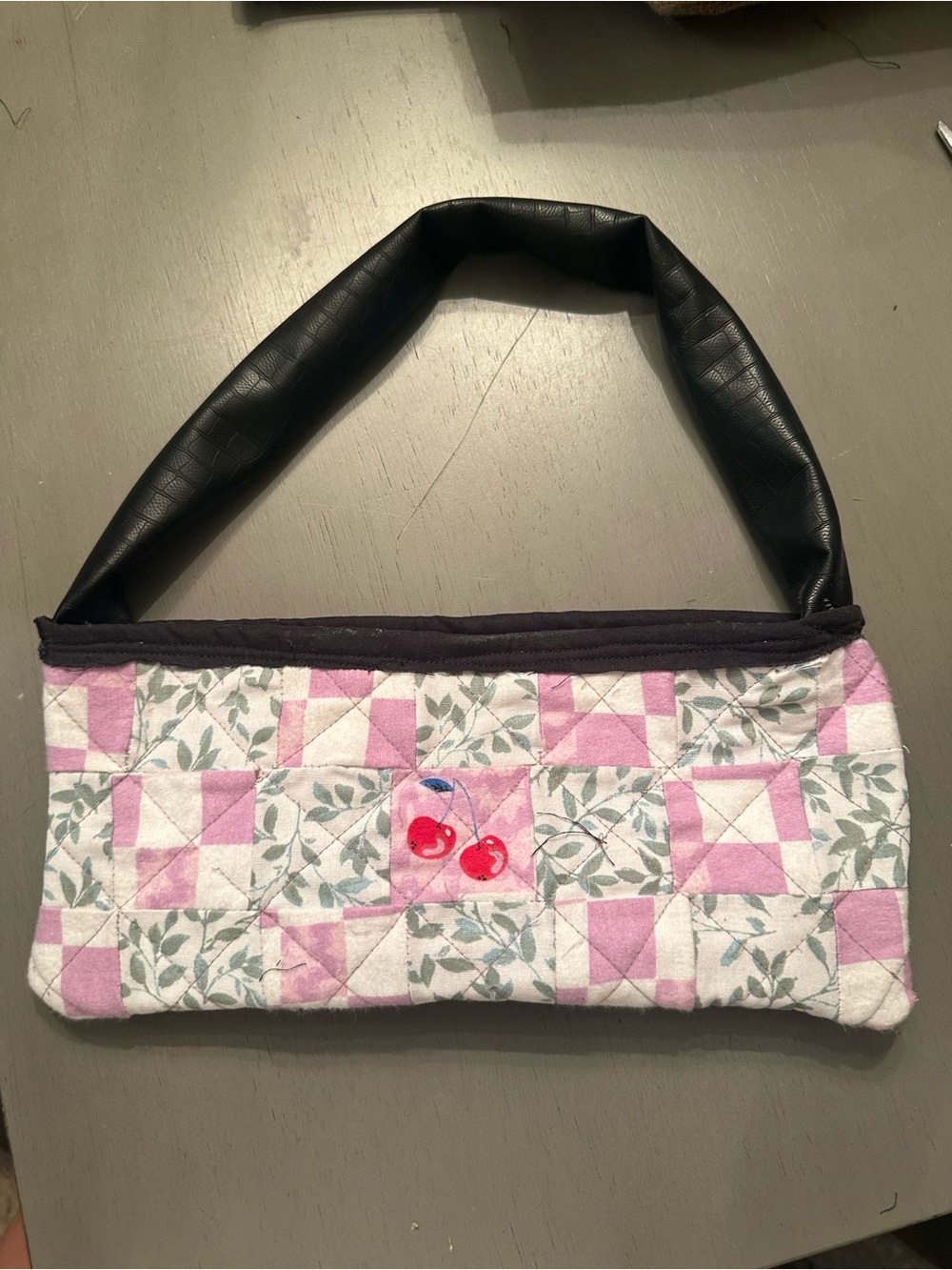 Quilted Cherry Applique Shoulder Bag in Pink and White